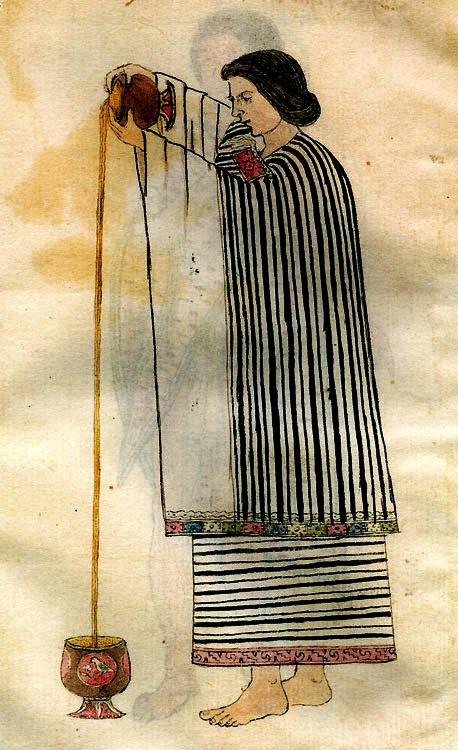 A woman pours cacao from a height to make it froth; Codex Tudela, 16th century.