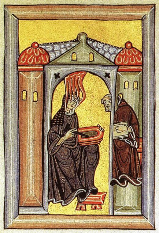 Hildegard receives an inspiration and passes it on to her scribe; miniature from the Rupertsberg codex of the Scivias.