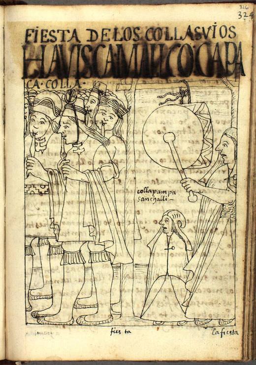 Feest in Collasuyu, het zuidelijke deel van het Inkarijk waar ook de Kallawaya woonden; Guamán Poma de Ayala, ca. 1615.