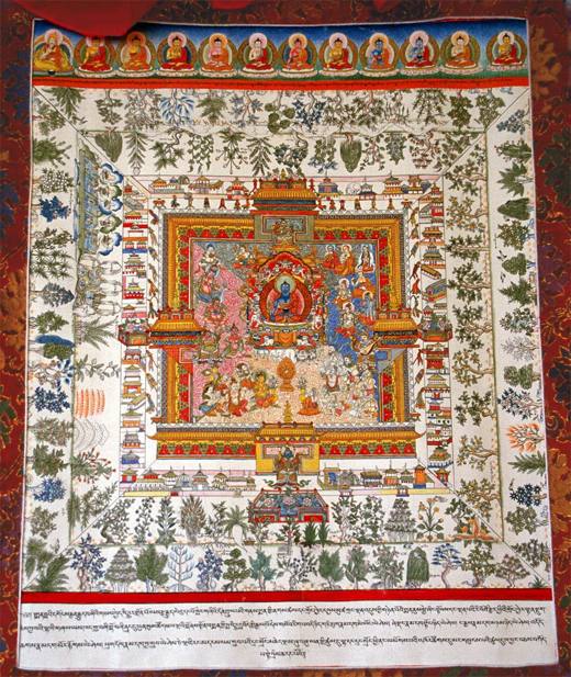 La primera de las pinturas médicas de Sangye Gyatso (1653–1705): el palacio del Buda de la Medicina, rodeado de plantas medicinales.